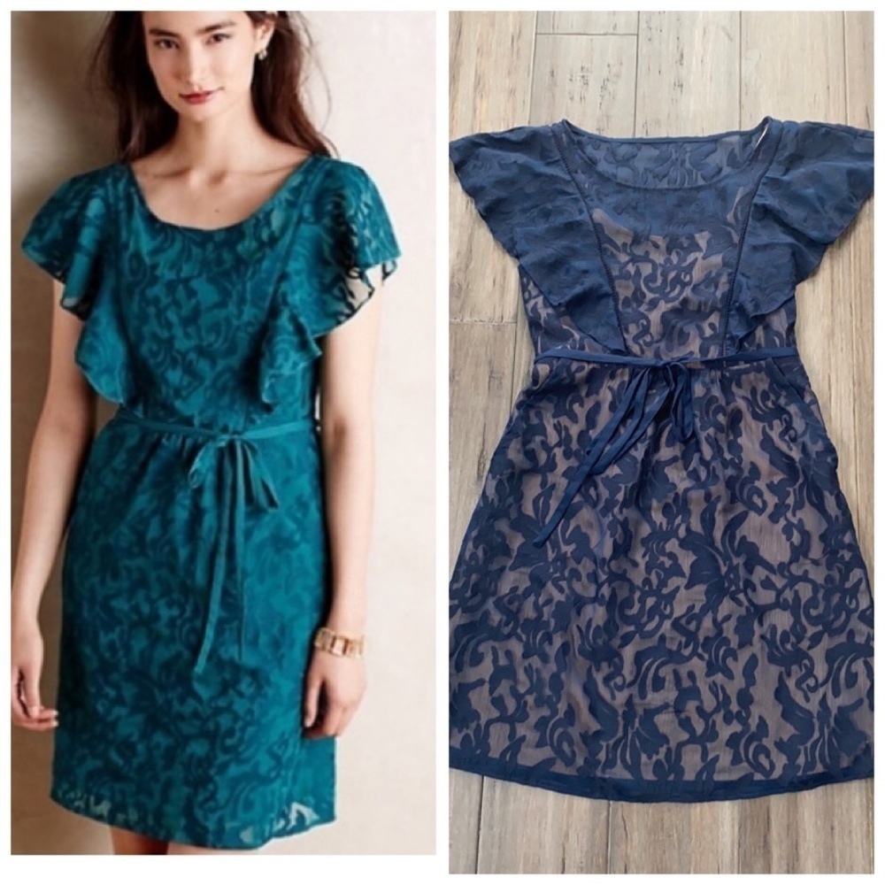5‎ for $25 Moulinette soeurs blue flutter sleeve scroll lace dress